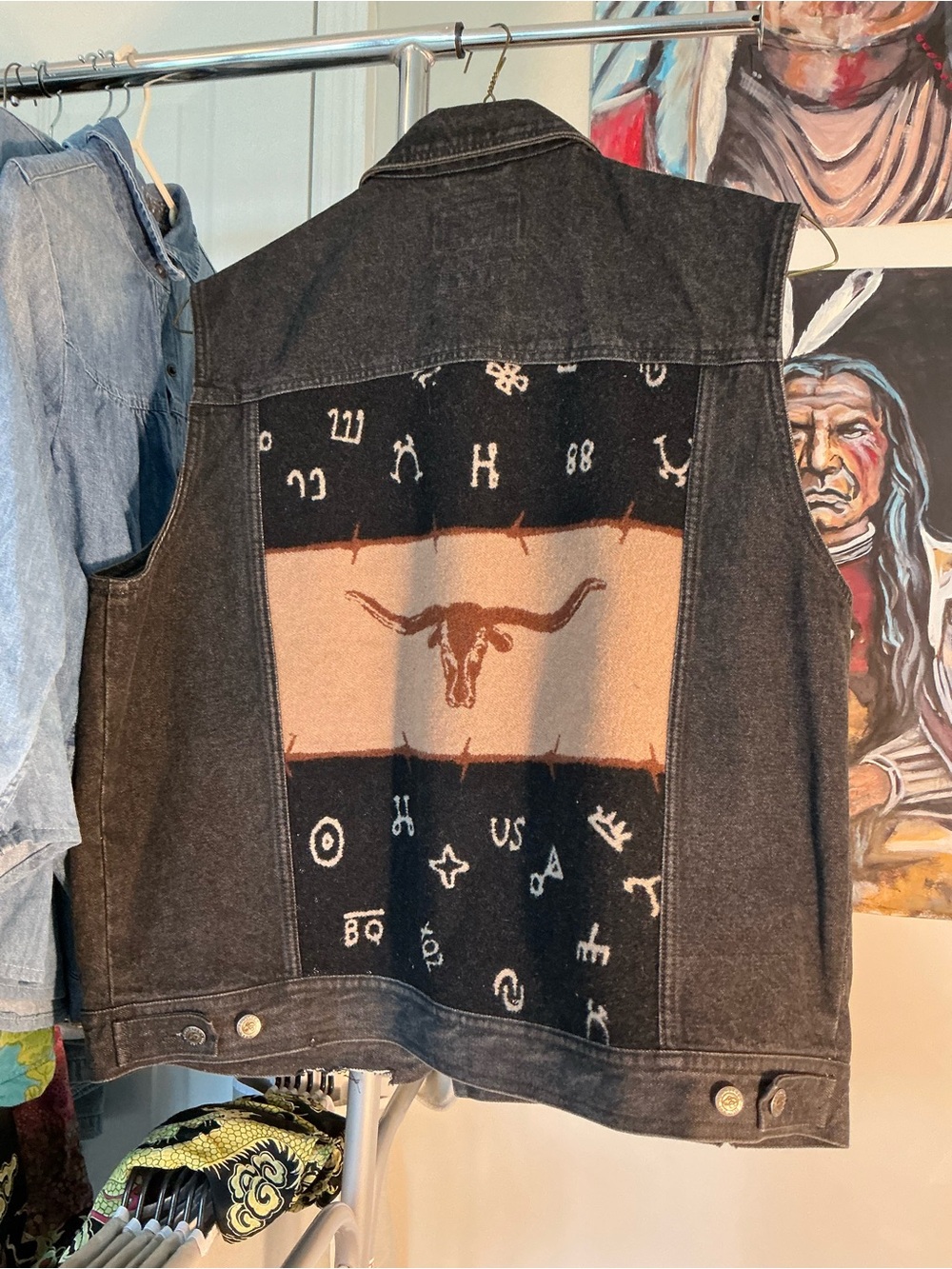 Vintage Black Gray Pendleton Denim and Wool Biker Vest with Horse Brand Symbols